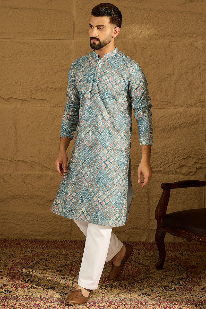 Blue Viscose Rayon Solid Embroidered Straight Kurta With Pant Set MKSET1391