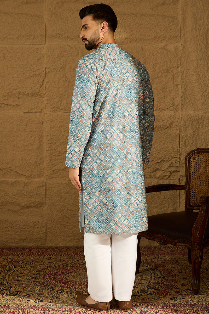Blue Viscose Rayon Solid Embroidered Straight Kurta With Pant Set MKSET1391