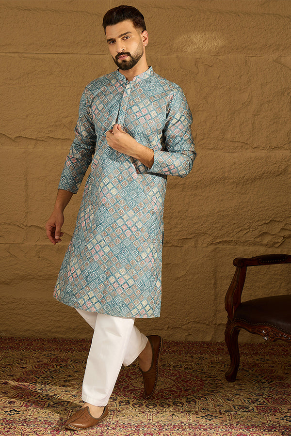 Blue Viscose Rayon Solid Embroidered Straight Kurta With Pant Set MKSET1391