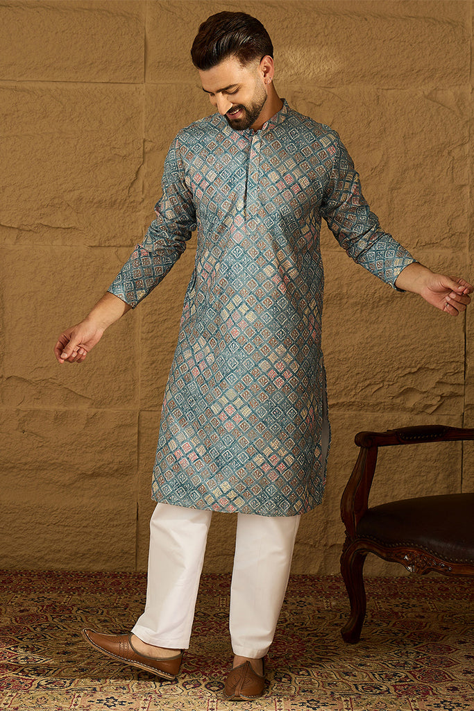 Blue Viscose Rayon Abstract Embroidered Straight Kurta MKU1391