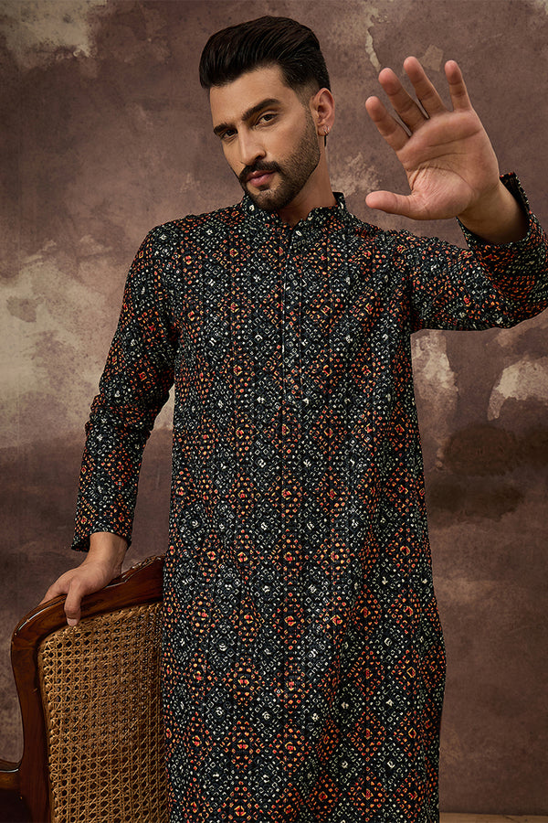 Black Viscose Rayon Bandhani Embroidered Straight Kurta With Pant Set MKSET1402