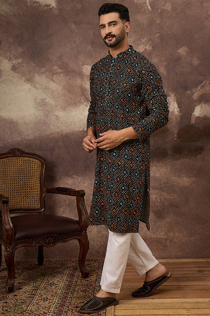 Black Viscose Rayon Bandhani Embroidered Straight Kurta With Pant Set MKSET1402