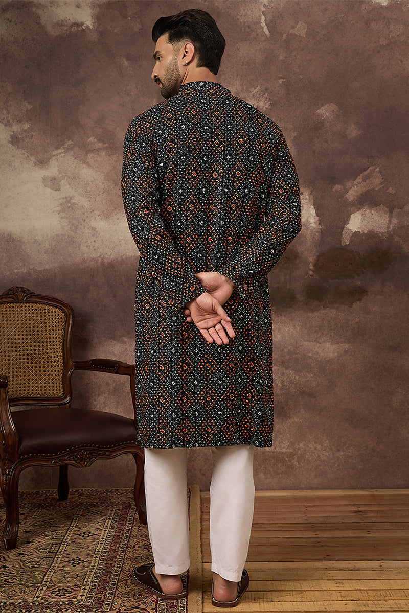 Black Viscose Rayon Bandhani Embroidered Straight Kurta With Pant Set MKSET1402