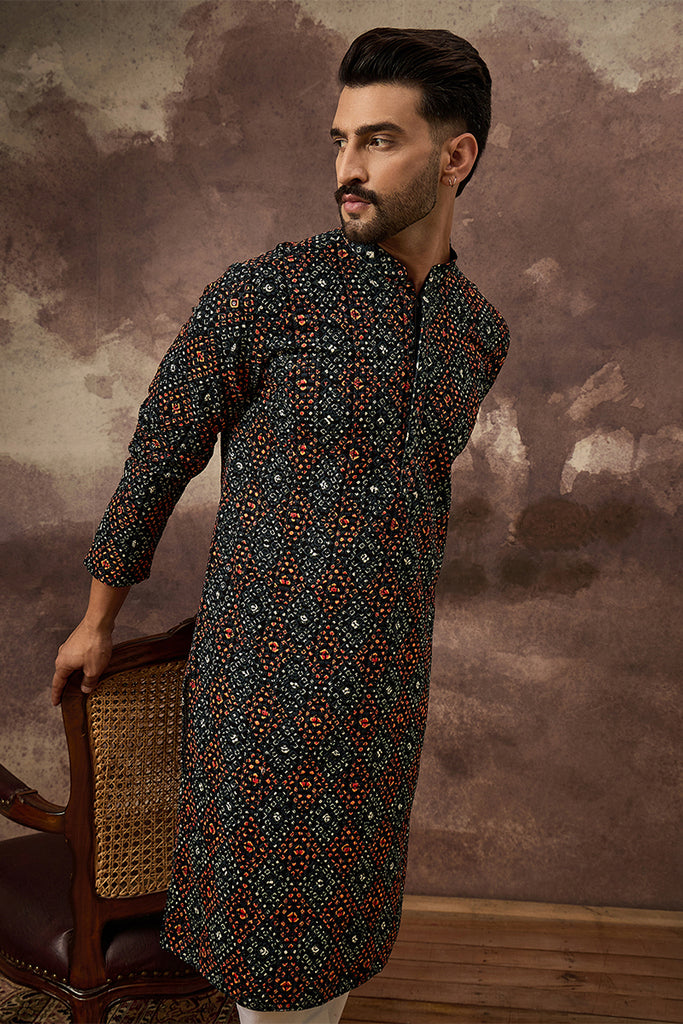 Black Viscose Rayon Bandhani Embroidered Straight Kurta With Pant Set MKSET1402