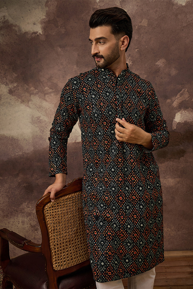 Black Viscose Rayon Bandhani Embroidered Straight Kurta With Pant Set MKSET1402