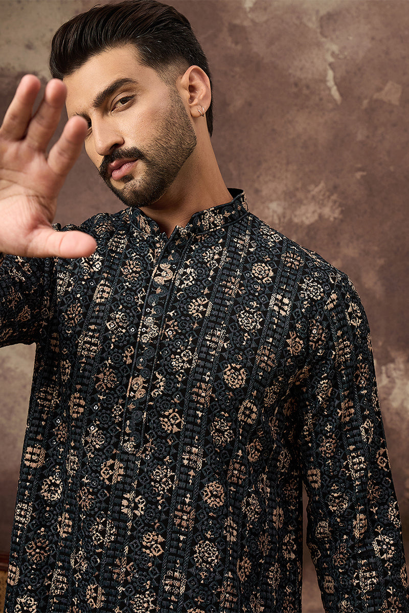 Black Viscose Rayon Geometric Embroidered Straight Kurta With Pant Set MKSET1403