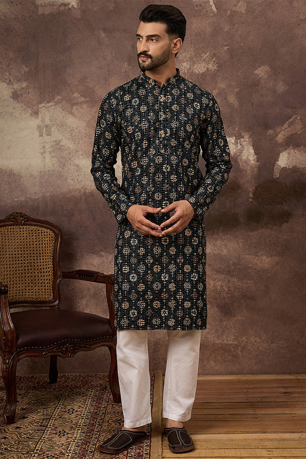 Black Viscose Rayon Embroidered Mandarin Collar Straight Kurta MKU1403
