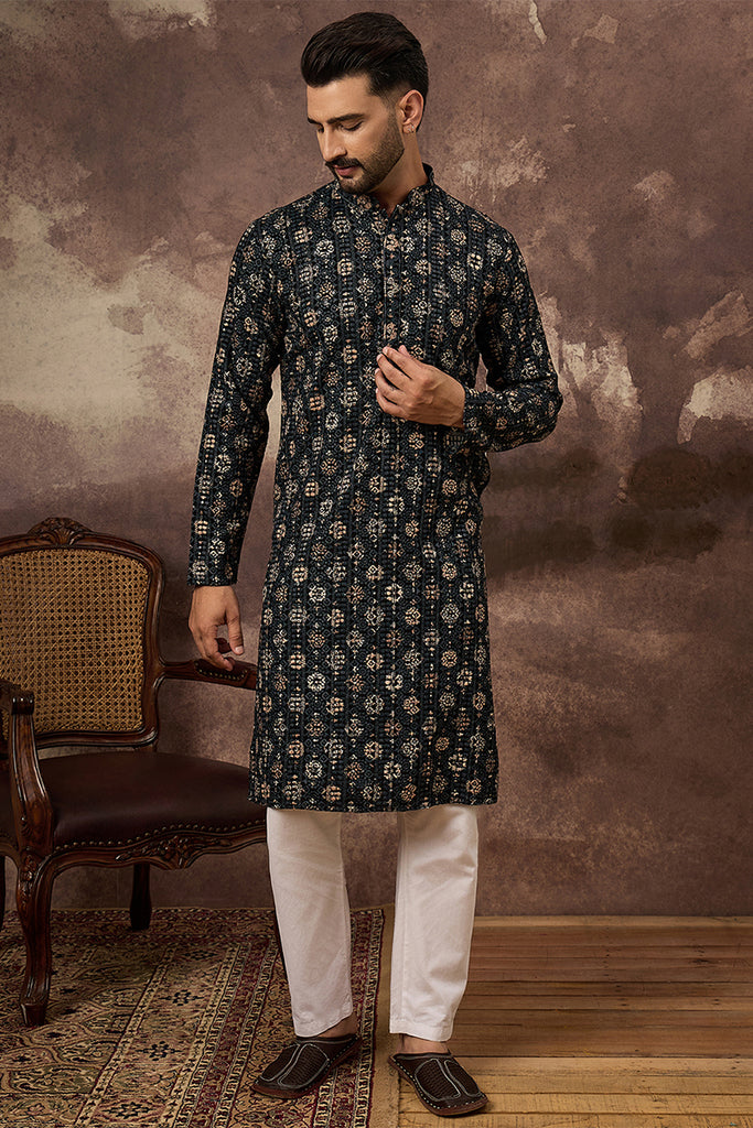 Black Viscose Rayon Embroidered Mandarin Collar Straight Kurta MKU1403