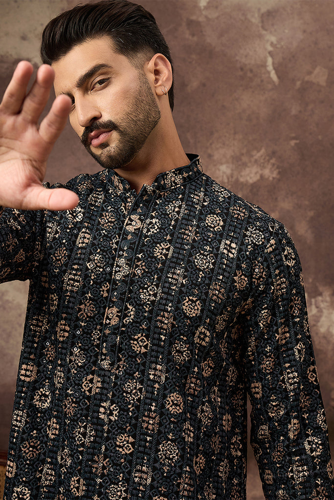 Black Viscose Rayon Embroidered Mandarin Collar Straight Kurta MKU1403