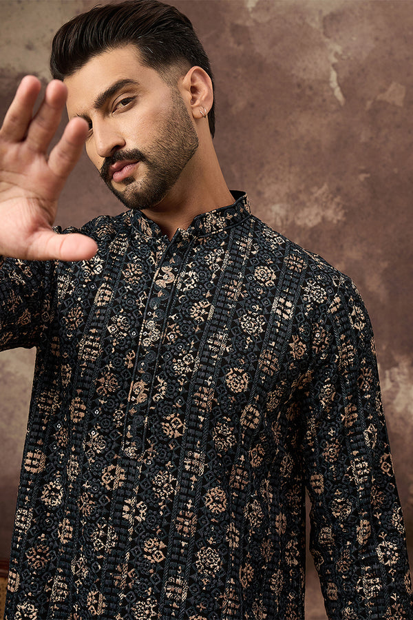 Black Viscose Rayon Geometric Embroidered Straight Kurta With Pant Set MKSET1403