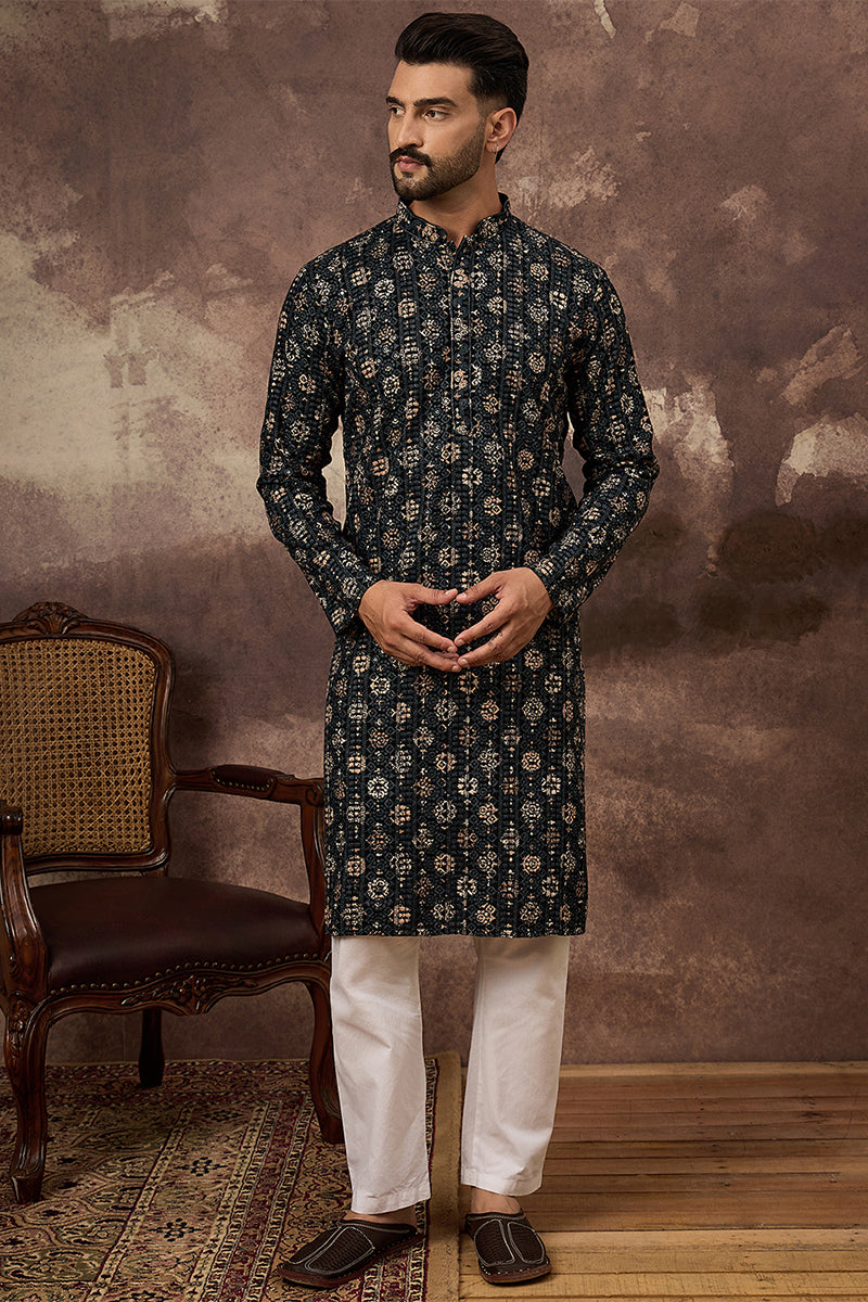 Black Viscose Rayon Geometric Embroidered Straight Kurta With Pant Set MKSET1403