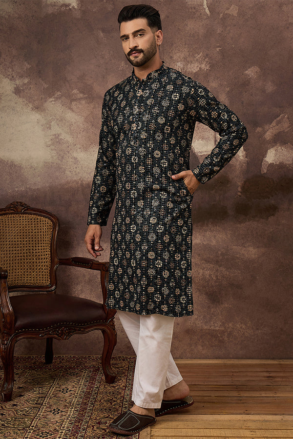 Black Viscose Rayon Geometric Embroidered Straight Kurta With Pant Set MKSET1403