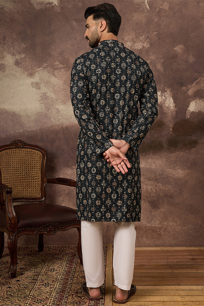 Black Viscose Rayon Geometric Embroidered Straight Kurta With Pant Set MKSET1403