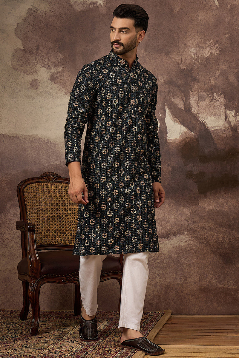 Black Viscose Rayon Geometric Embroidered Straight Kurta With Pant Set MKSET1403