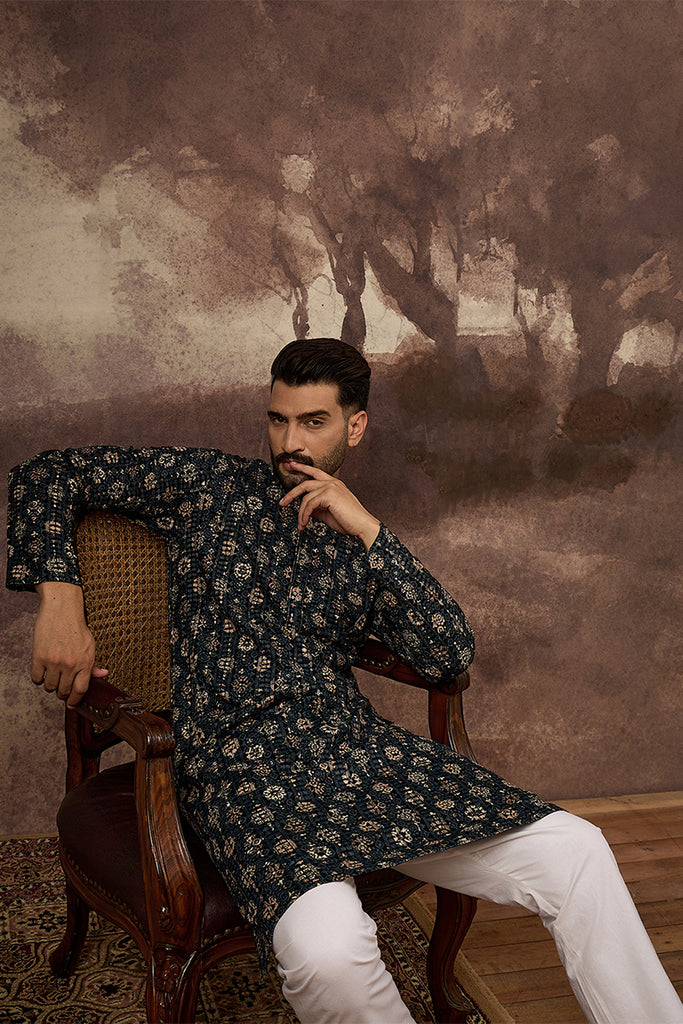 Black Viscose Rayon Geometric Embroidered Straight Kurta With Pant Set MKSET1403