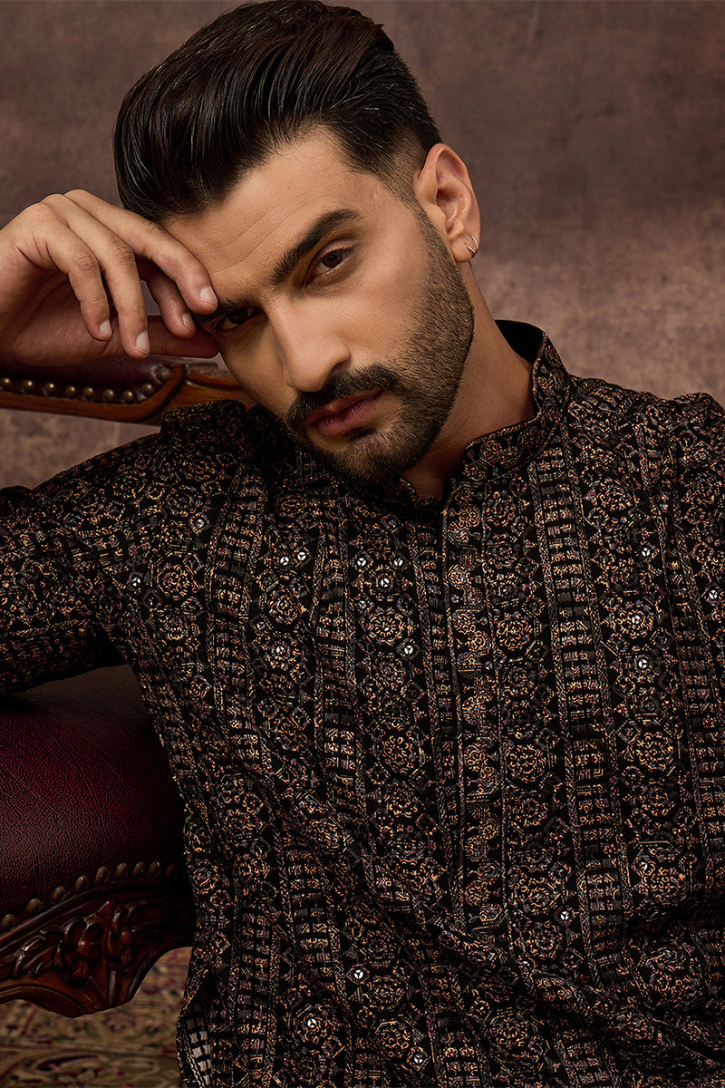 Black Viscose Rayon Ethnic Motifs Embroidered Straight Kurta With Pant Set MKSET1405