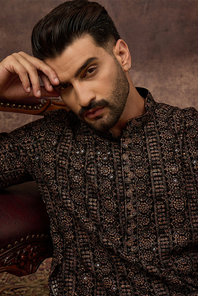 Black Viscose Rayon Ethnic Motifs Embroidered Straight Kurta With Pant Set MKSET1405