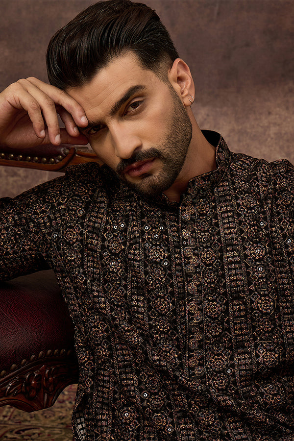 Black Viscose Rayon Ethnic Motifs Embroidered Straight Kurta With Pant Set MKSET1405