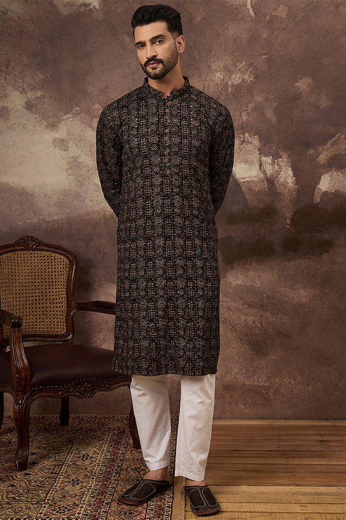 Black Viscose Rayon Ethnic Motifs Embroidered Straight Kurta With Pant Set MKSET1405