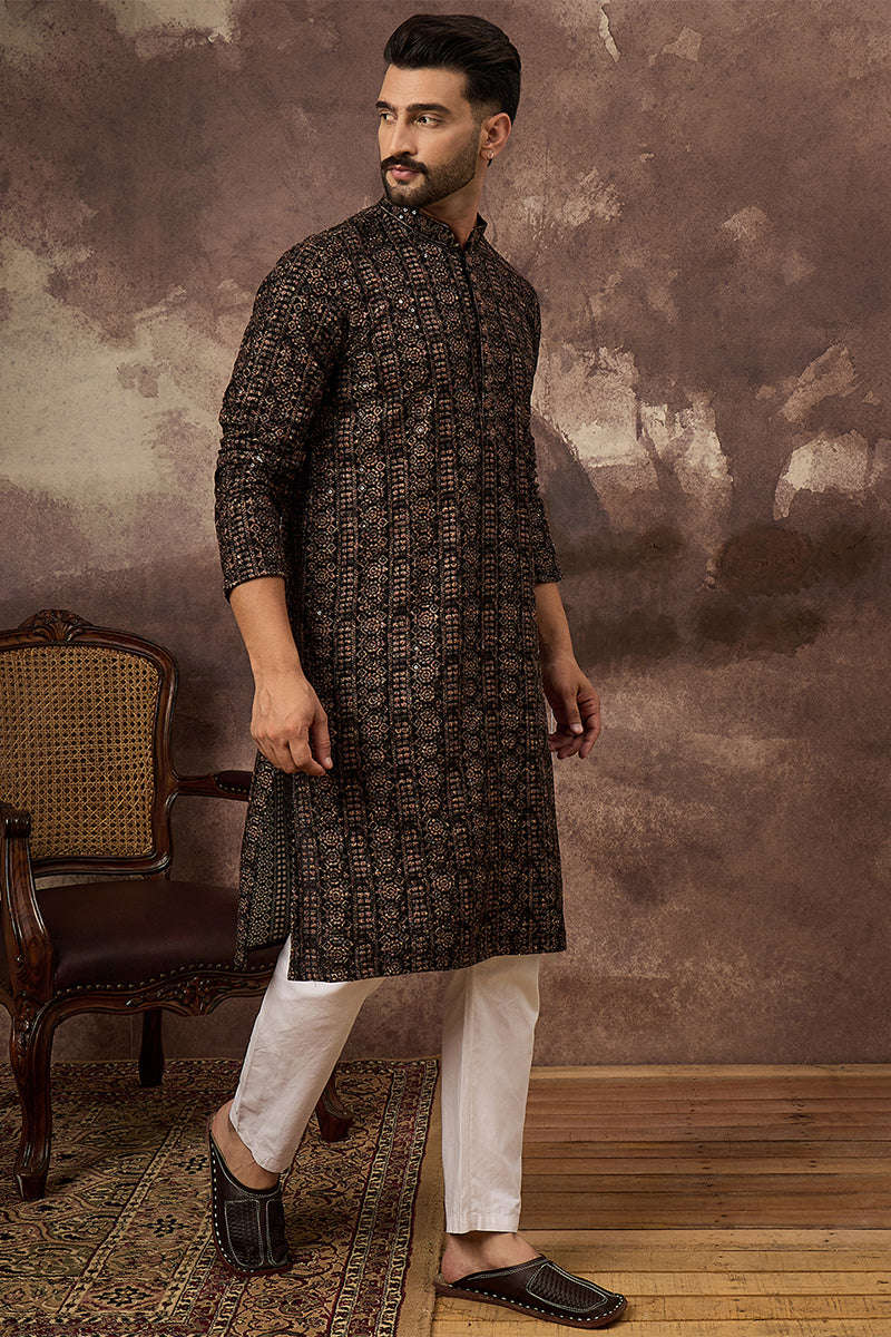 Black Viscose Rayon Ethnic Motifs Embroidered Straight Kurta With Pant Set MKSET1405