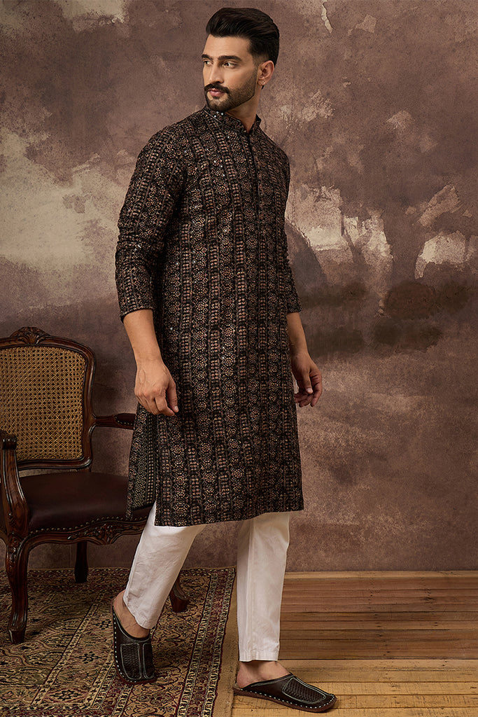 Black Viscose Rayon Ethnic Motifs Embroidered Straight Kurta With Pant Set MKSET1405