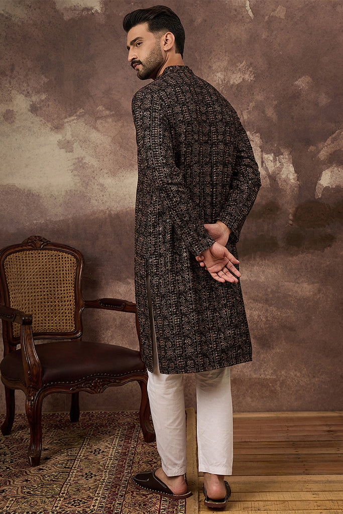 Black Viscose Rayon Ethnic Motifs Embroidered Straight Kurta With Pant Set MKSET1405