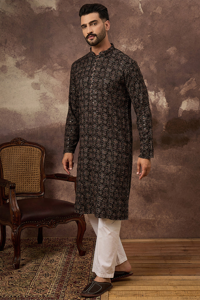 Black Viscose Rayon Ethnic Motifs Embroidered Straight Kurta With Pant Set MKSET1405
