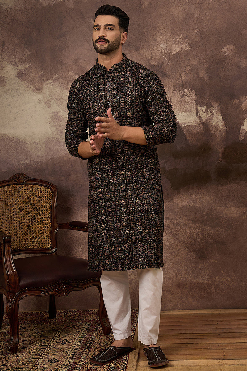 Black Viscose Rayon Ethnic Motifs Embroidered Straight Kurta With Pant Set MKSET1405