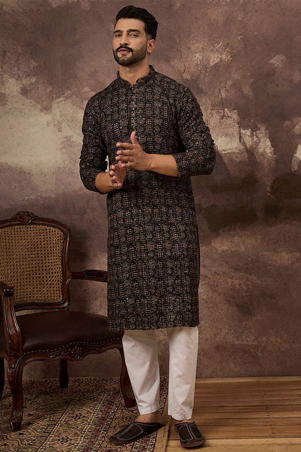Black Viscose Rayon Ethnic Motifs Embroidered Straight Kurta With Pant Set MKSET1405