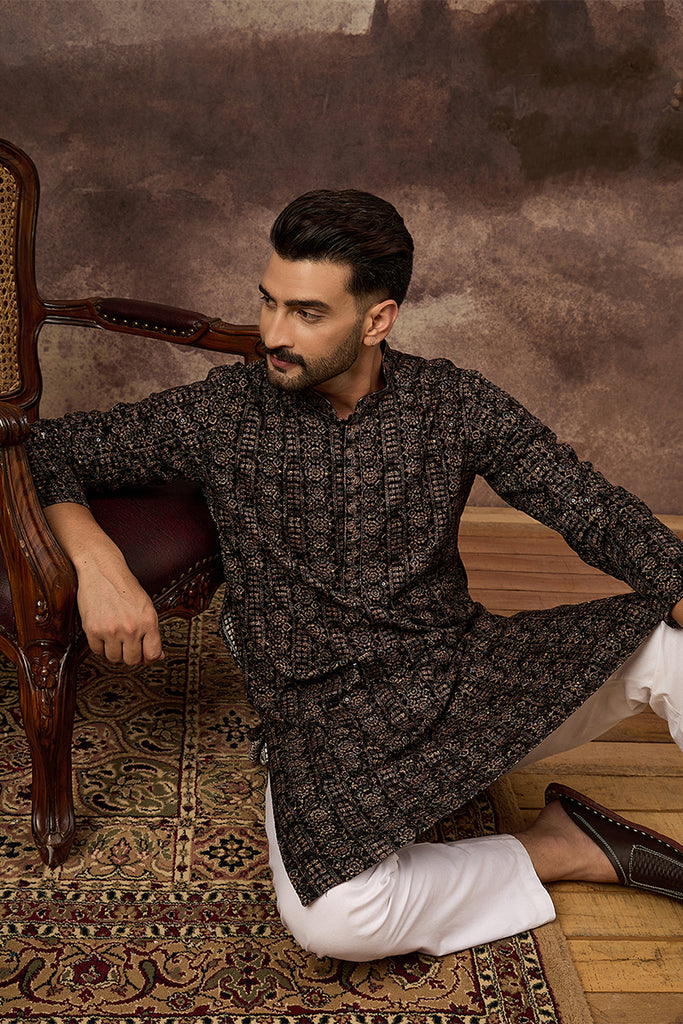 Black Viscose Rayon Ethnic Motifs Embroidered Straight Kurta With Pant Set MKSET1405