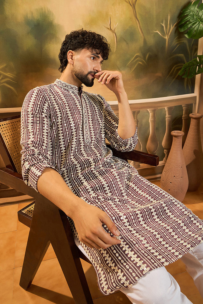 Purple Viscose Rayon Embroidered Kurta With Trousers MKSET1409