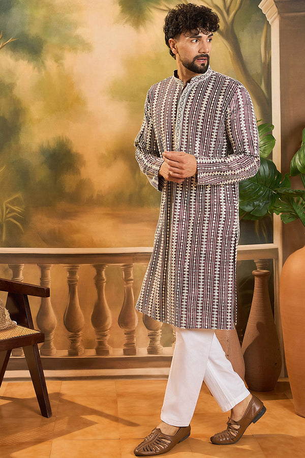 Purple Viscose Rayon Embroidered Kurta With Trousers MKSET1409