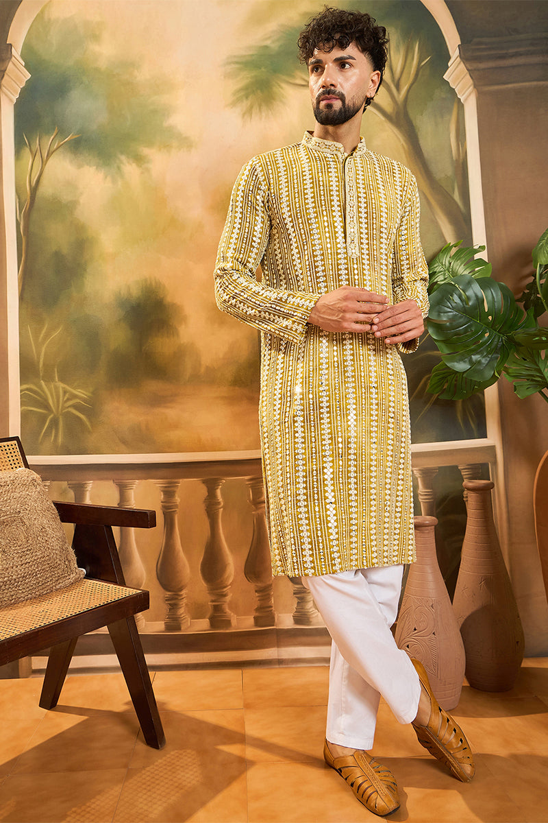 Mustard Viscose Rayon Embroidered Kurta With Trousers MKSET1410