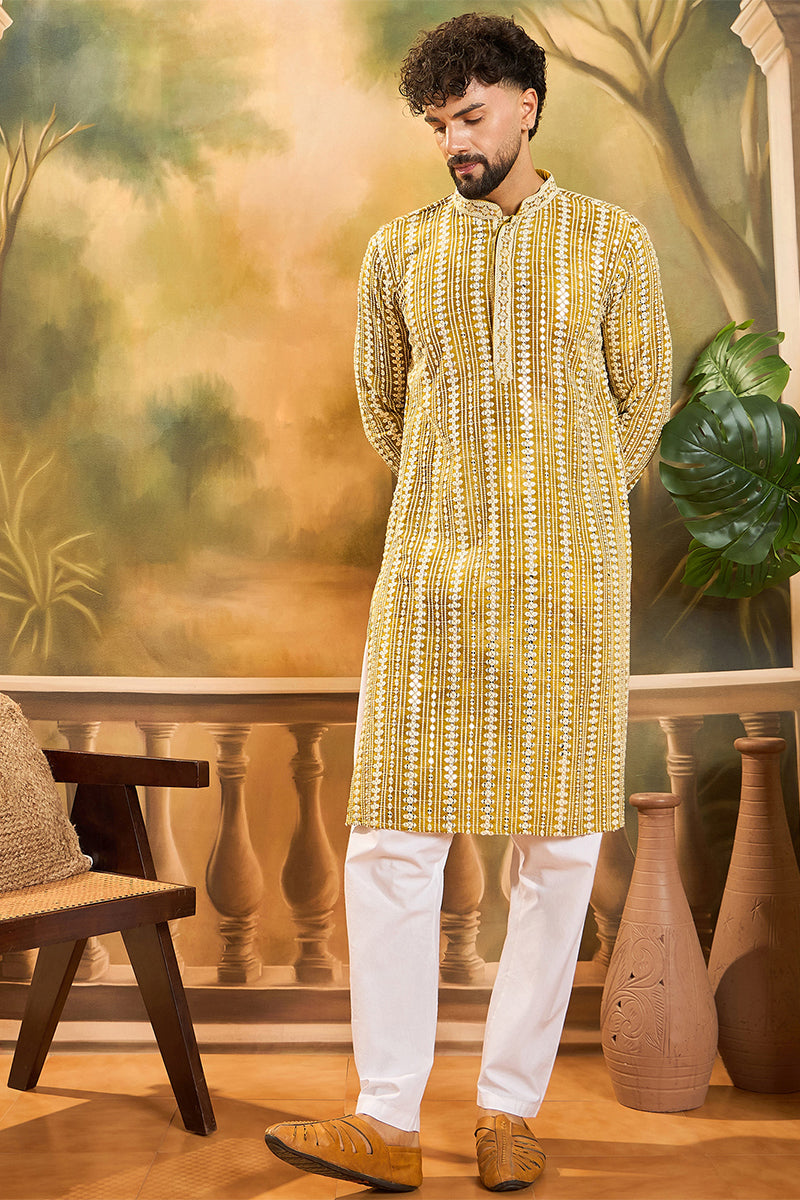 Mustard Viscose Rayon Embroidered Kurta With Trousers MKSET1410