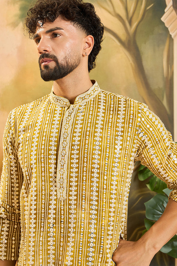 Mustard Viscose Rayon Embroidered Kurta With Trousers MKSET1410