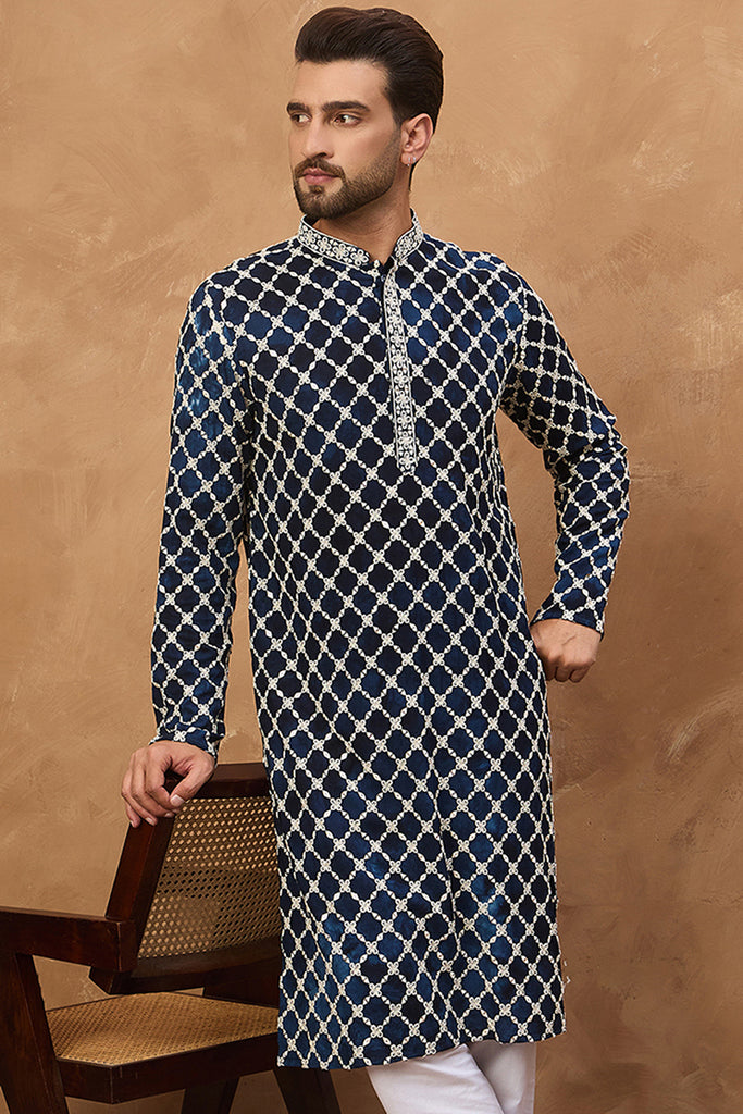 Blue Viscose Rayon Shibori Embroidered Straight Kurta MKU1414