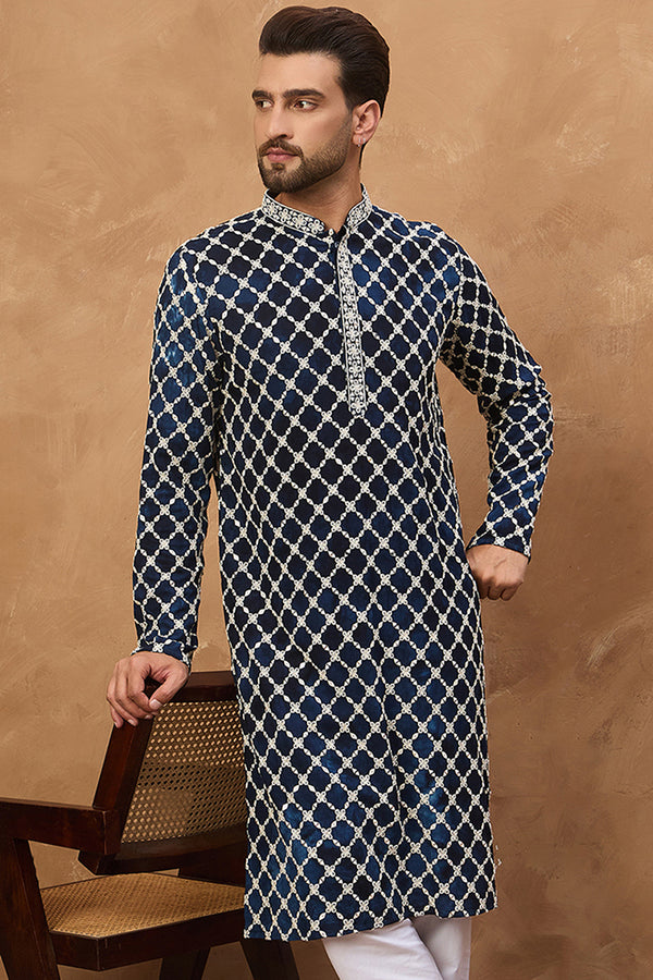 Blue Viscose Rayon Shibori Embroidered Straight Kurta MKU1414