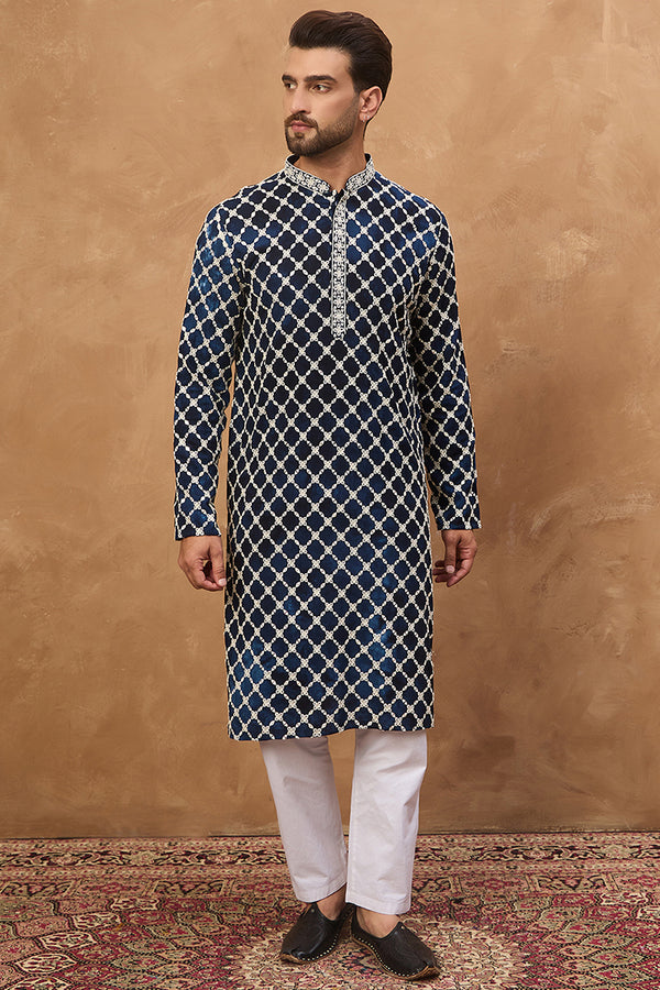 Blue Viscose Rayon Shibori Embroidered Straight Kurta MKU1414