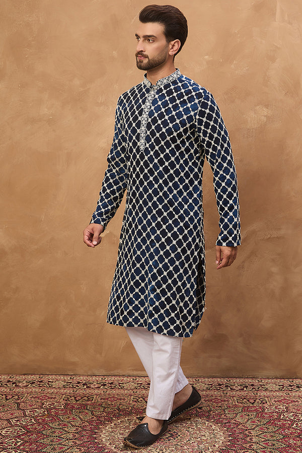 Blue Viscose Rayon Shibori Embroidered Straight Kurta With Pant Set MKSET1414