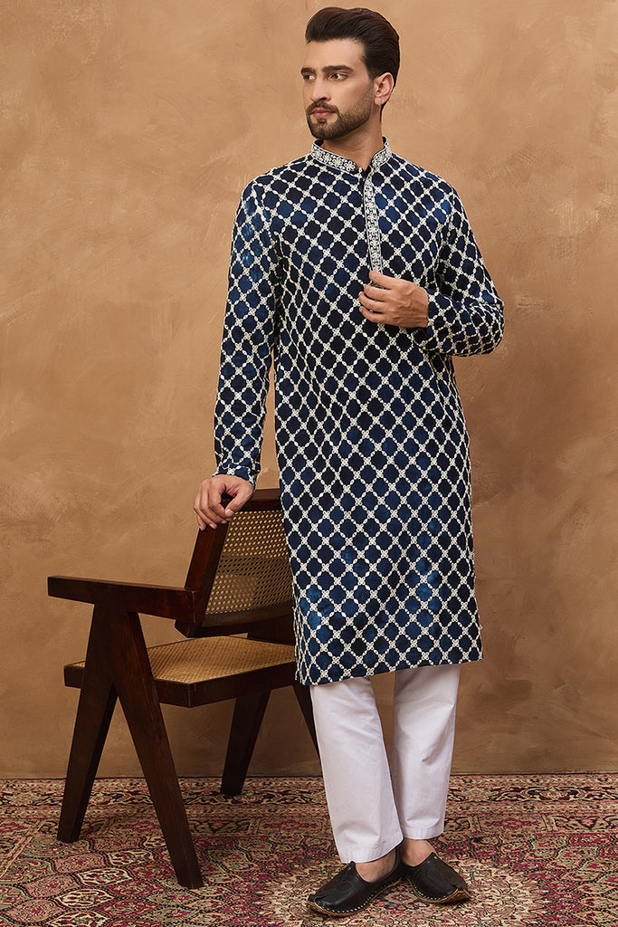 Blue Viscose Rayon Shibori Embroidered Straight Kurta MKU1414