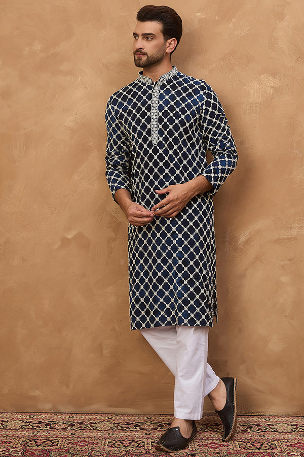 Blue Viscose Rayon Shibori Embroidered Straight Kurta With Pant Set MKSET1414