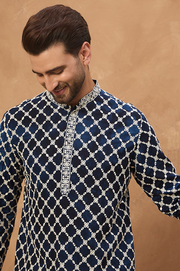 Blue Viscose Rayon Shibori Embroidered Straight Kurta MKU1414