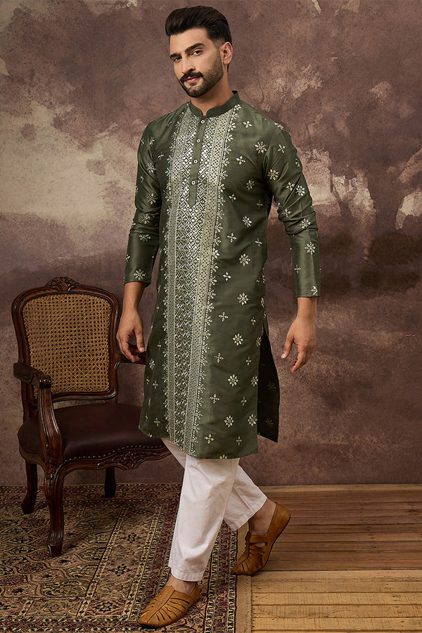 Green Silk Blend Solid Embroidered Straight Kurta MKU1419