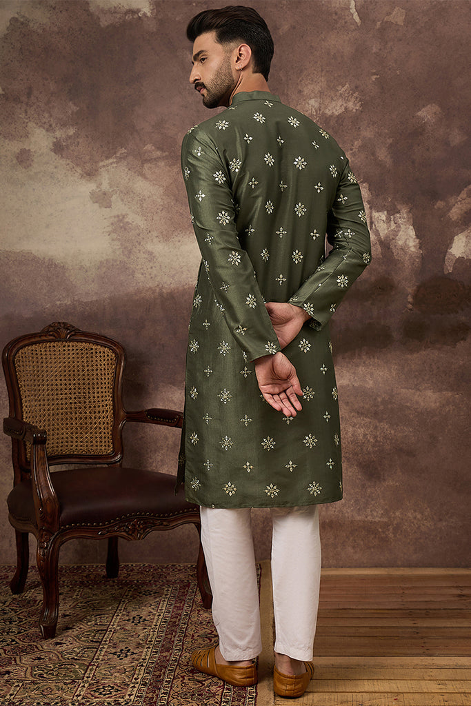Green Silk Blend Solid Embroidered Straight Kurta With Pant Set MKSET1419
