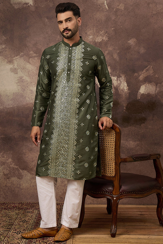 Green Silk Blend Solid Embroidered Straight Kurta MKU1419