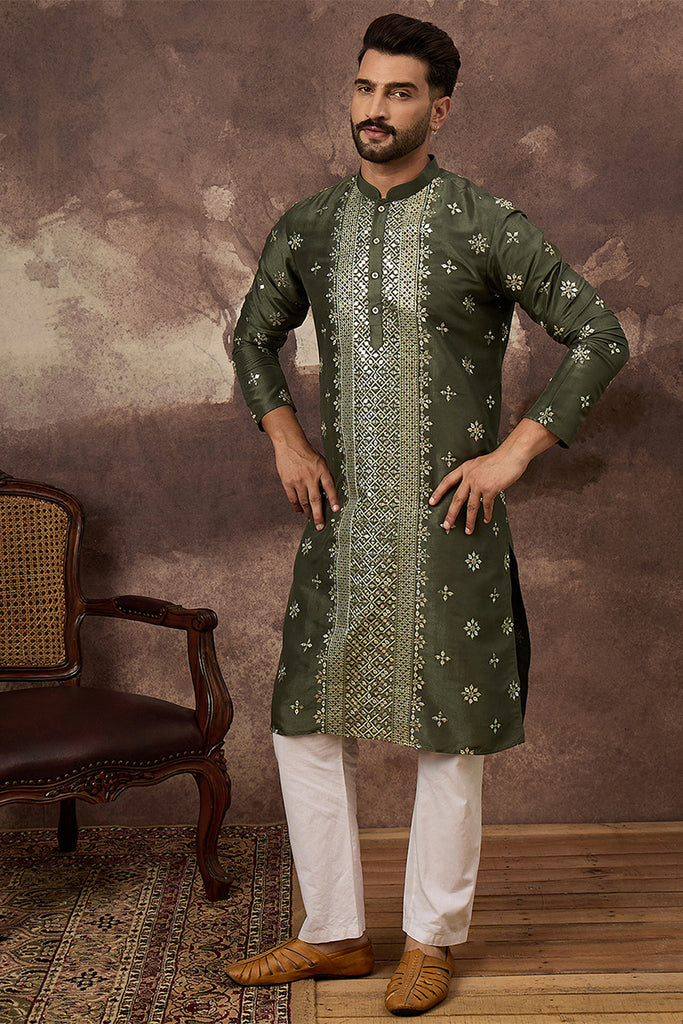 Green Silk Blend Solid Embroidered Straight Kurta With Pant Set MKSET1419