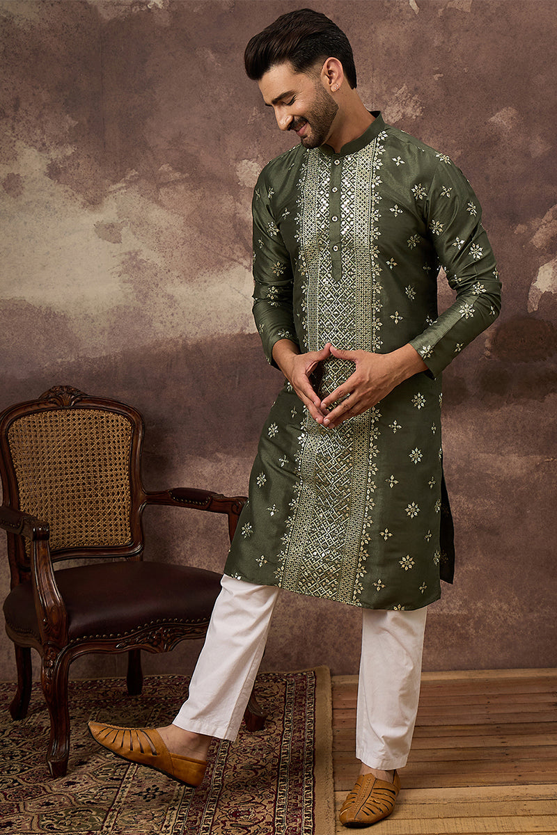 Green Silk Blend Solid Embroidered Straight Kurta With Pant Set MKSET1419