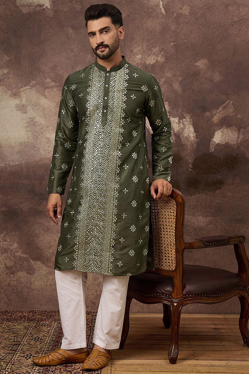 Green Silk Blend Solid Embroidered Straight Kurta With Pant Set MKSET1419