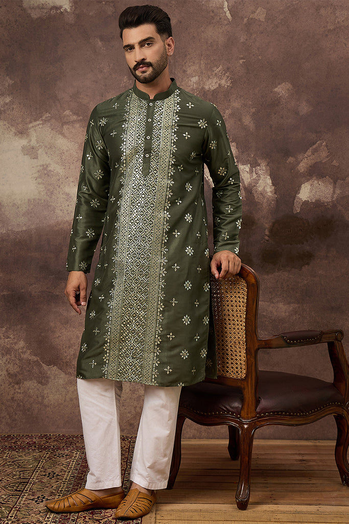 Green Silk Blend Solid Embroidered Straight Kurta With Pant Set MKSET1419