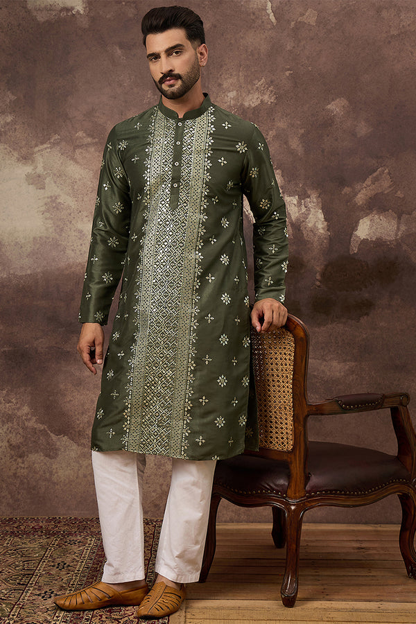 Green Silk Blend Solid Embroidered Straight Kurta With Pant Set MKSET1419